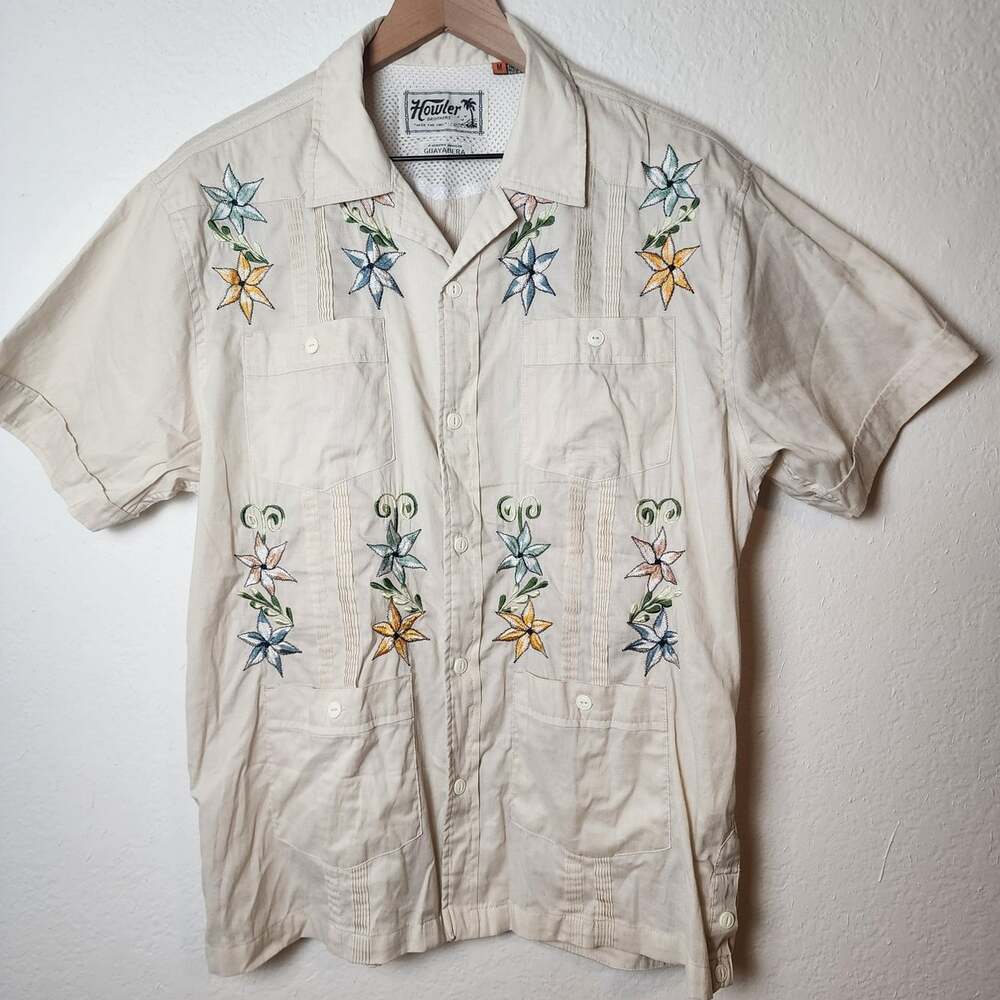Howler Brothers Shirt Mens Medium Beige Floral Embroidered Guayabera Button Up